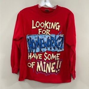 Boys Red Graphic Long Sleeve Tee "Looking For Homework?" Size Medium